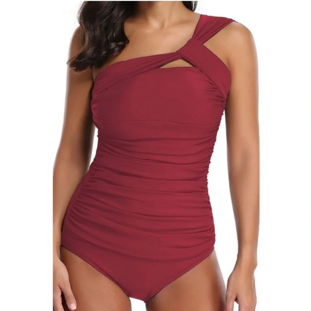 One Shoulder Scrunched Tankini & Bottoms - S